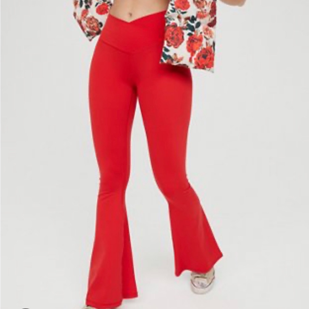 aerie high waisted crossover flare legging red